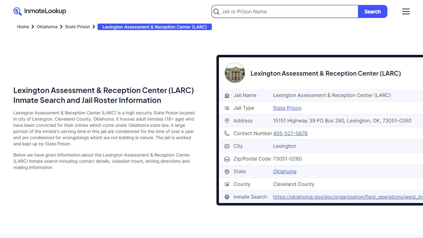 Lexington Assessment & Reception Center (LARC) Inmate Search, Jail ...