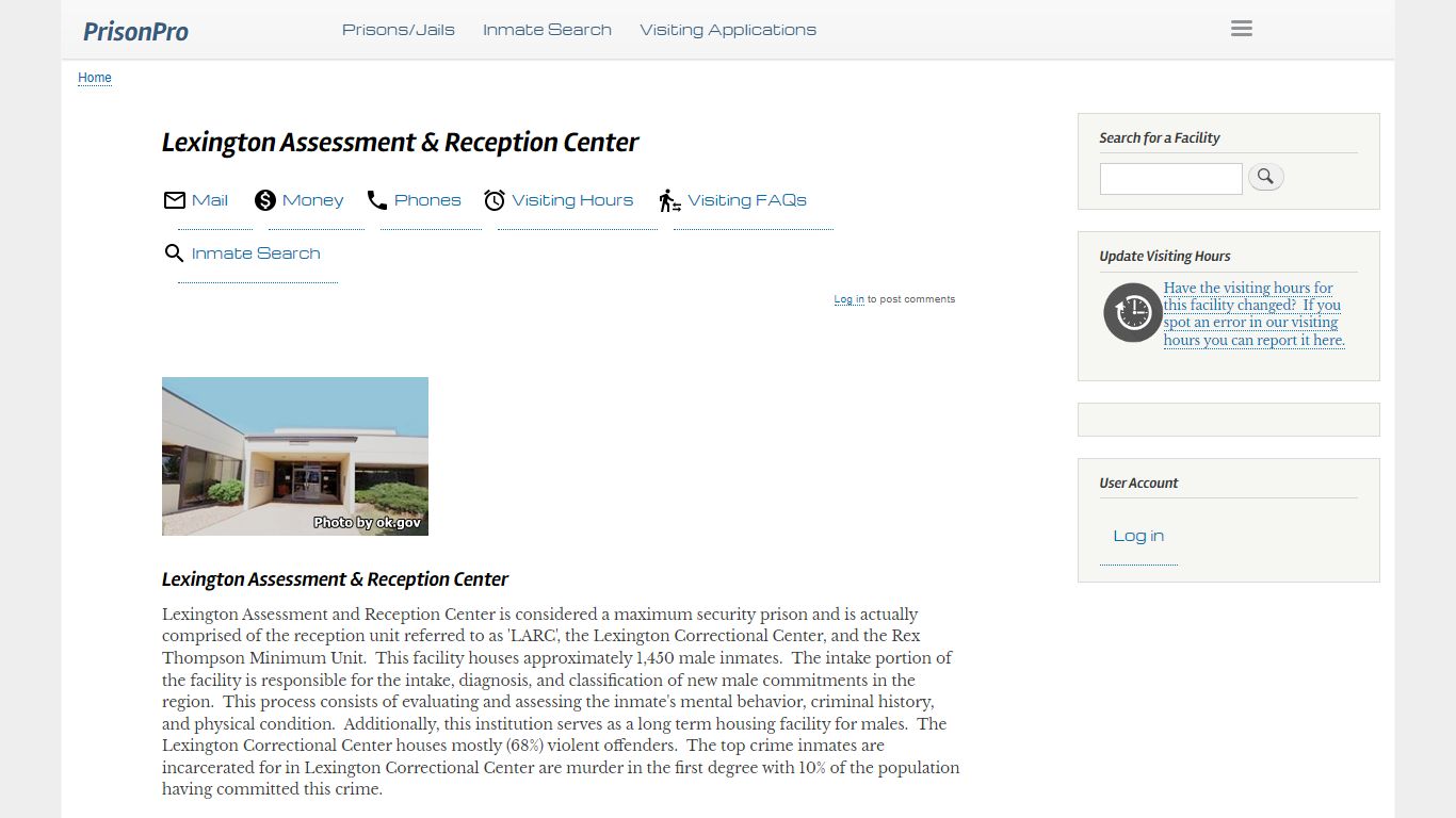 Lexington Assessment & Reception Center Visiting hours, inmate phones, mail